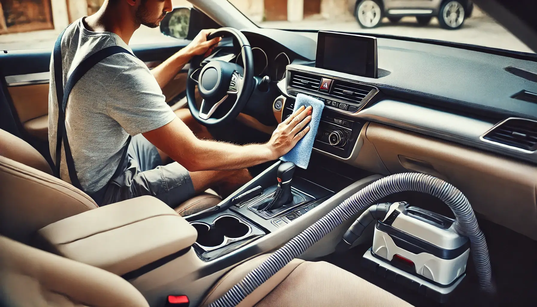 Person i modern bil med beiget interiör