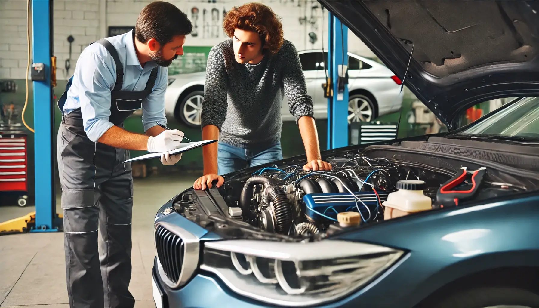 Två män som står och jobbar på en bilmotor i en bilverkstad