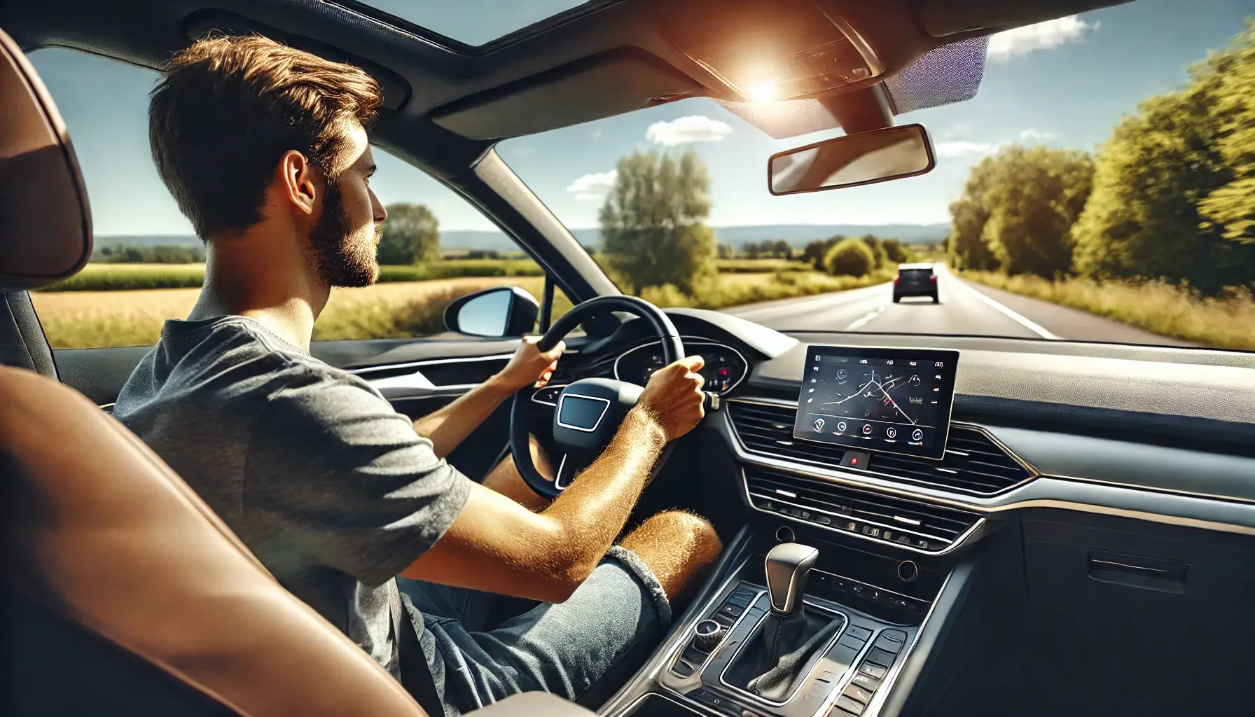 Man som kör en modern fin bil en solig dag