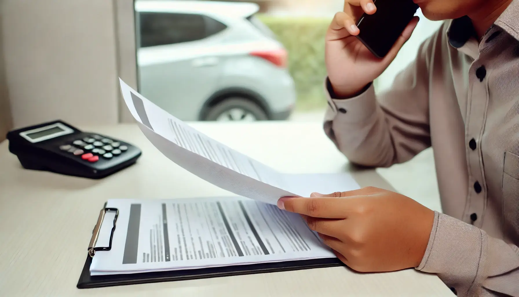Person som pratar telefon med försäkringspapper i handen vid ett skrivbord