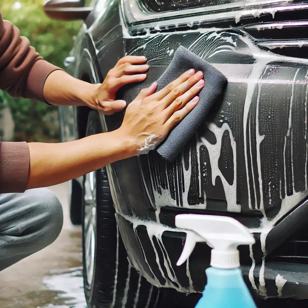 Person som tvättar sin svarta bil 