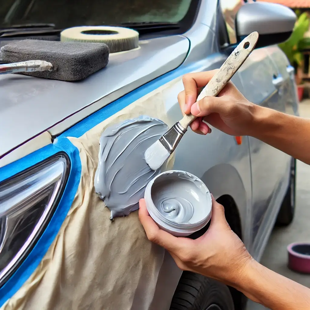 Person lägger på putty i reporna på sin bil 