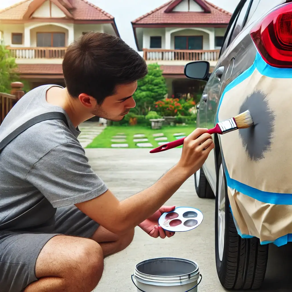 Man som sitter och målar grå färg på en repa på bilen