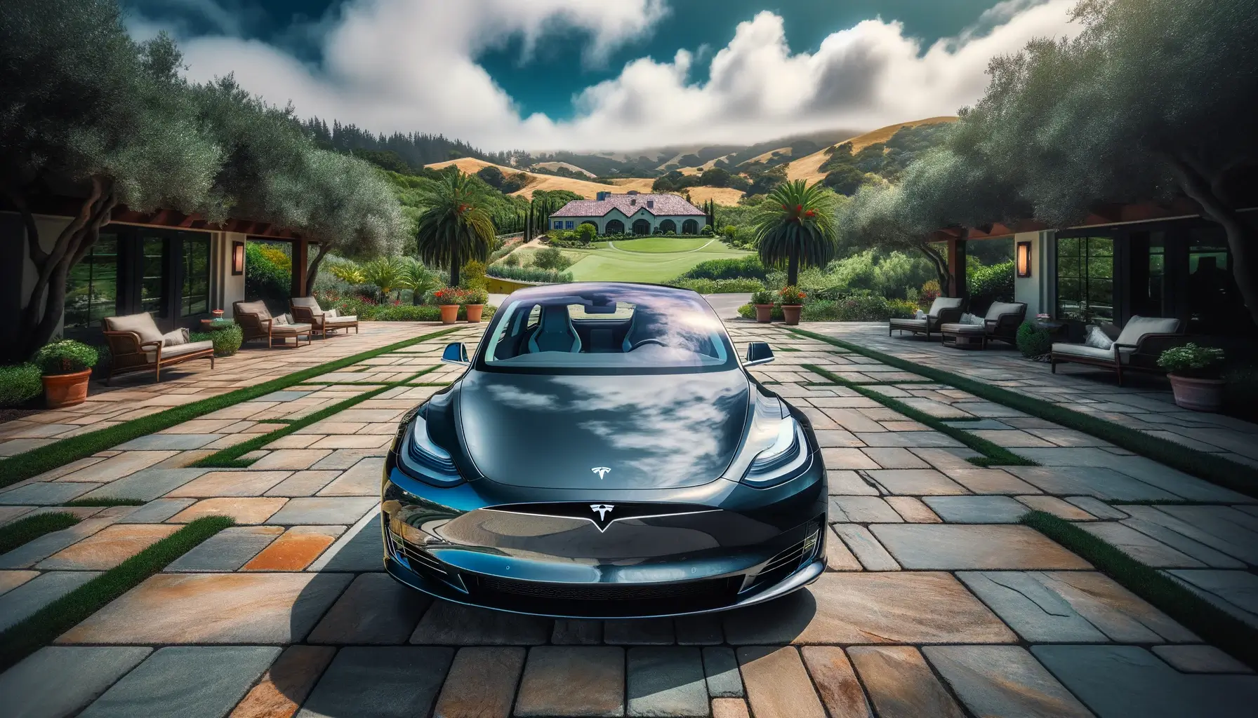 En grå tesla kör på en väg med träd på sidorna