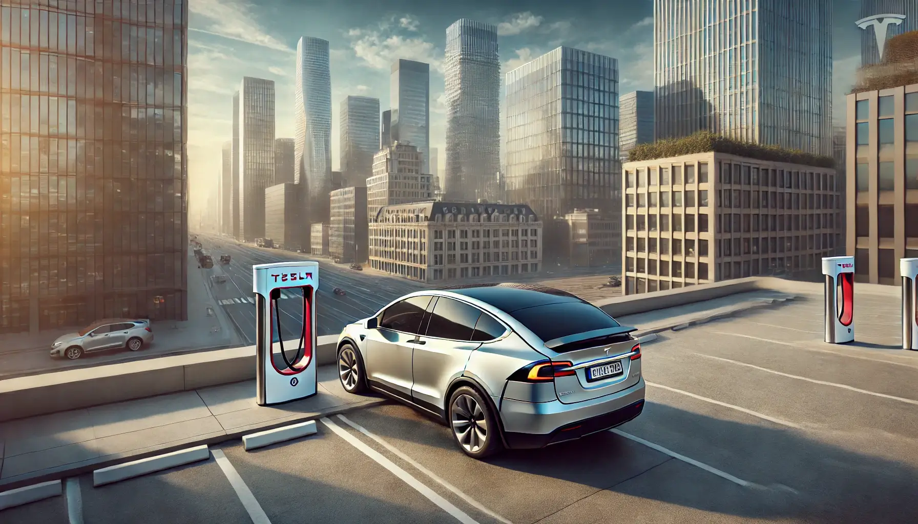 En tesla som laddar vid en storstad med skyskrapor